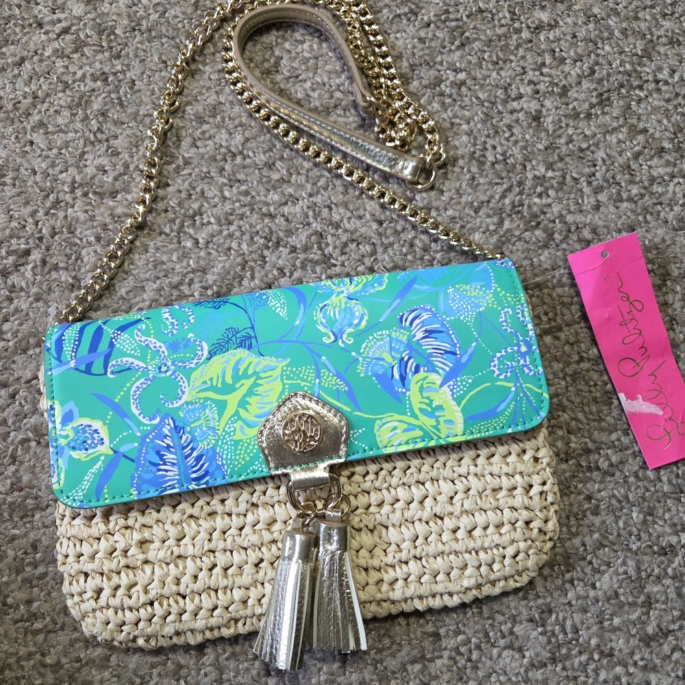 Lilly Pulitzer botanical green straw, Crossbody messenger purse‎